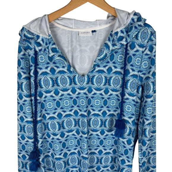 Cabana Life Blue Geometric Tile Hooded Swim Cover Up Dress Womens L Tassel - Picture 2 of 11